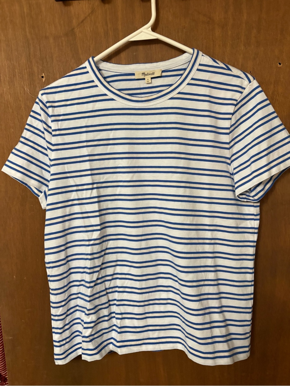 Madewell Men's White Tee with Blue Horizontal Stripes